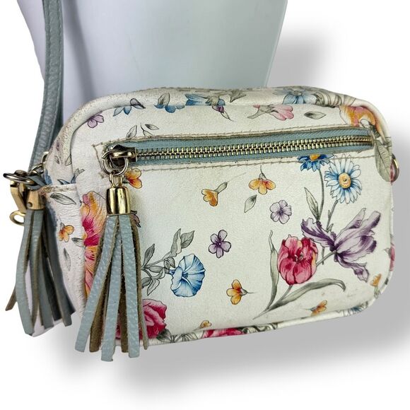 Firenze Italy Italian Handmade Hand Painted Floral Crossbody Bag White Leather - Picture 1 of 12